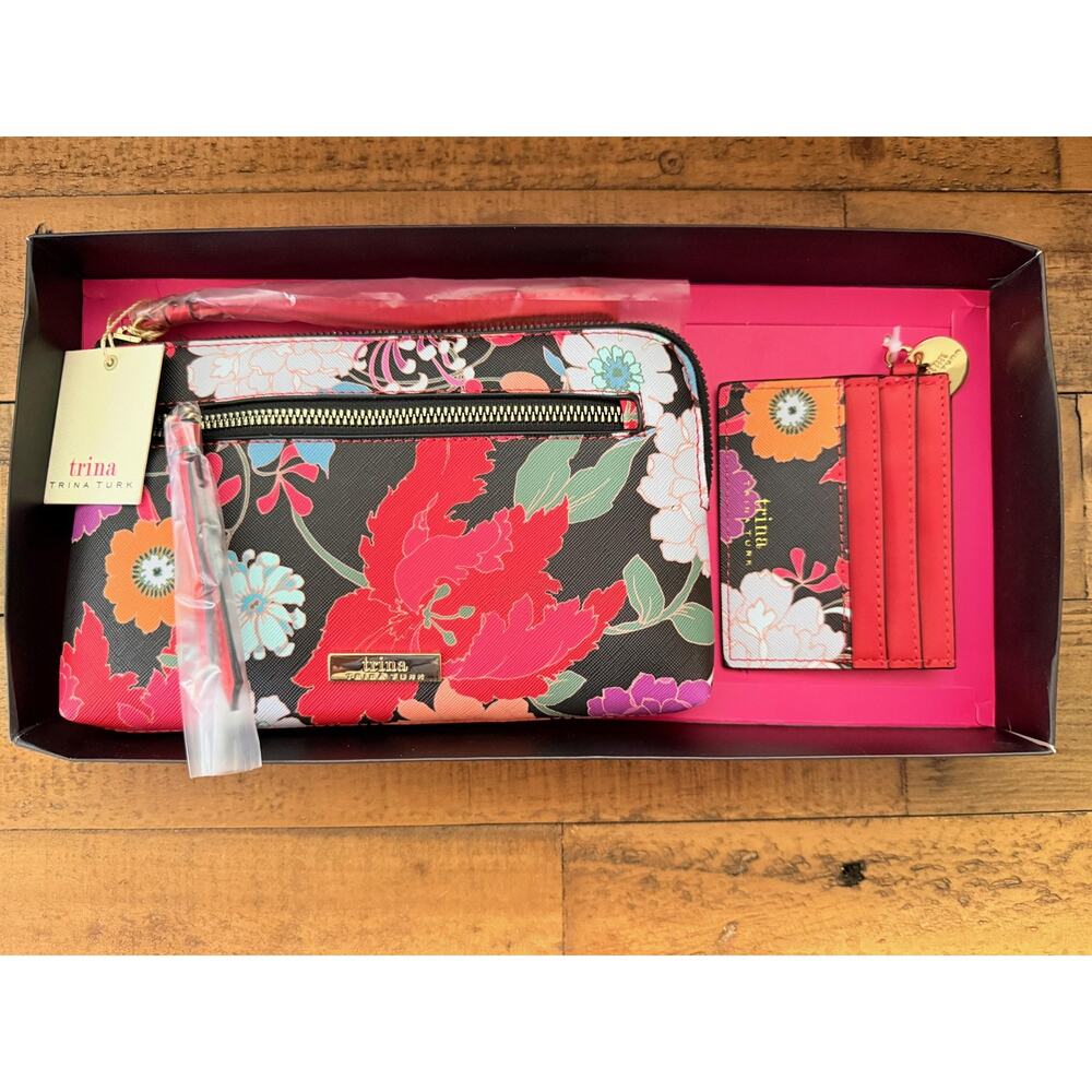 Trina Turk Bag Women's Multi Floral Wristlet & Matching Card Holder Set NWT